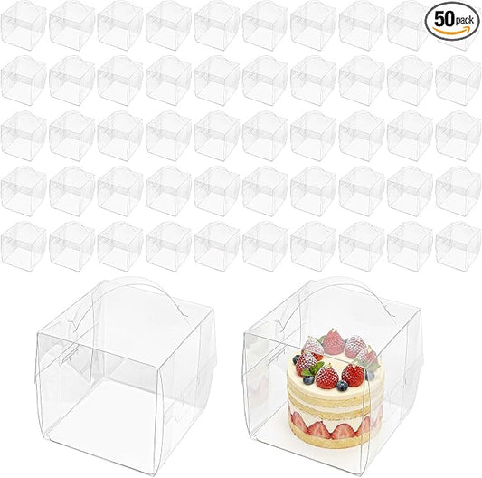 Lawei 50 Pack Clear Cake Boxes with Handles, 6x6x6 Inch Square Transparent Bakery Box for 4-5 Inch Mini Cakes, Pastries, Donut, Treat Boxes, Gift Packaging Display Box for Wedding, Birthday, Party