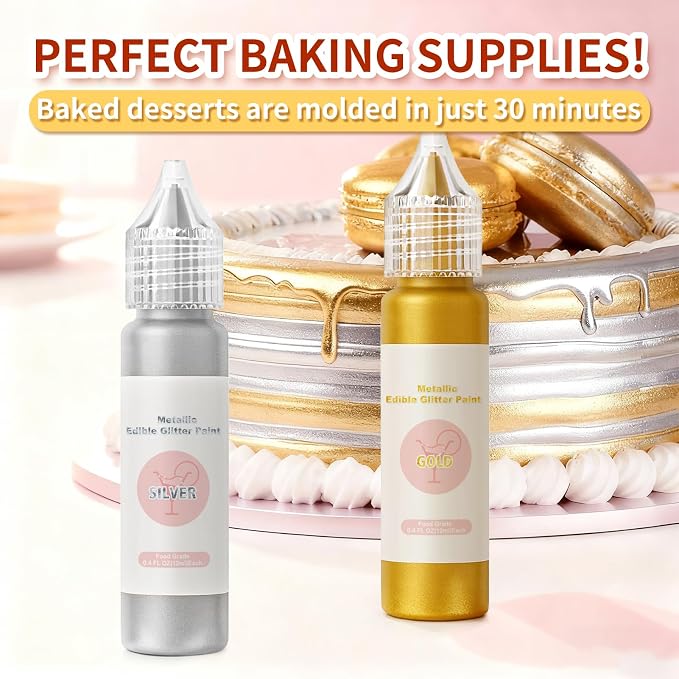 Edible Glitter Paint Set - Metallic Food Coloring Paint for Baking Cake Decorating -Vegan Art Decorative Cake Paint for Cupcakes, Cookies, Fondant, Donuts, Macaron, Candy 12ml/Each Bottle- 2 Silver