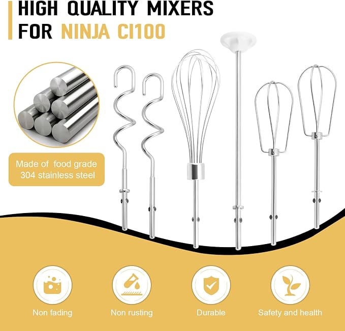 Hand Mixer Beater, Whisk, Dough Hook and Blending Rod for Ninja Foodi Power Mixer System CI100 Series, Hand Mixer Attachment Replacement Accessories CI100, CI101, CC105A, CI105BRN & CI101H, 6 Pcs