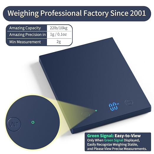 Homebuds 22lb/10kg Food Scale, Precision 0.1oz/1g by Our Professional Scale Factory Since 2001, Kitchen Scales Digital Weight Grams and Ounces for Cooking and Baking, LED, 3*AAA Batteries, Blue
