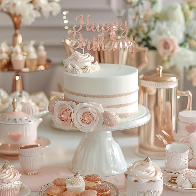 BEISHIDA Rose Gold Happy Birthday Cake Topper, Happy Birthday Cake Bunting Decor,Birthday Party Decoration Supplies，Photo Booth Props