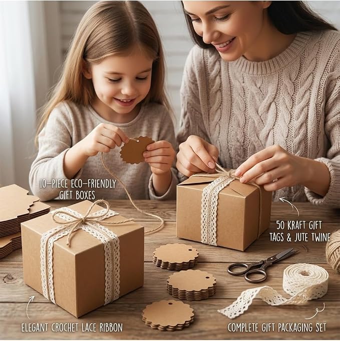 MLXUANLA 62 Pack Small Gift Boxes - Cookie Boxes For Gift Giving, Ivory Lace Ribbon, Jute Twine, Kraft Tags - Brown Kraft Paper
