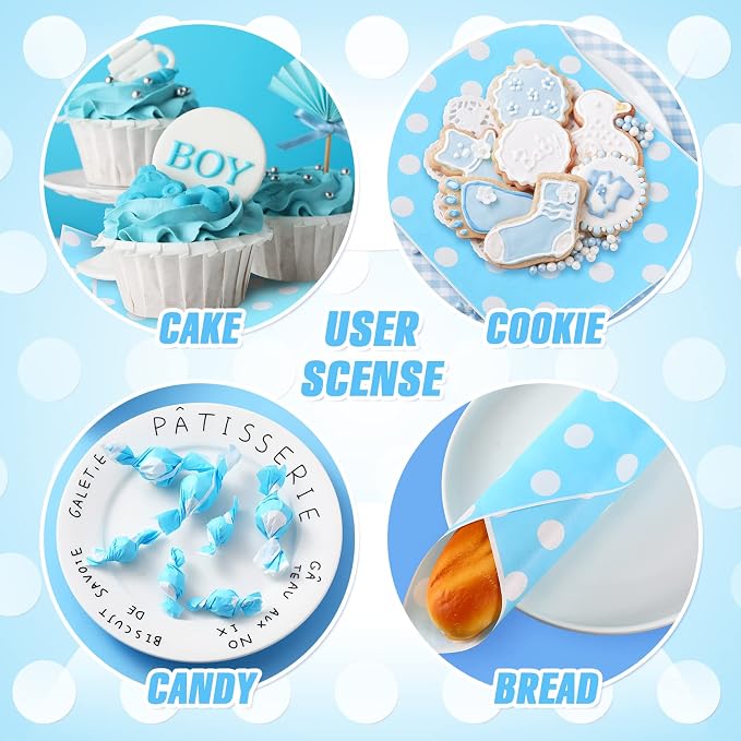 Gersoniel 150pcs Wax Paper Sheet for Food Dot Printed Bakery Tissue Greaseproof Disposable Wrapping Paper for Sandwich Food Picnic Baskets Liner Wedding Birthday Party Supplies(Blue,9.84x8.27'')