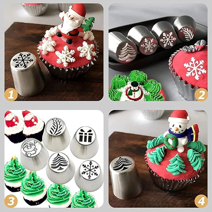Christmas Russian Piping Tips, Hsxxf 15PCS Christmas Flower Frosting Tips Nozzles Stainless Steel Piping Tips Set Snowman Snowflake Christmas Tree Santa Claus Pattern for Christmas Decorating