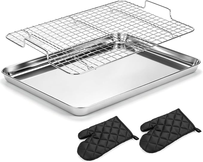 15.9" Large Stainless Steel Baking Sheet with Rack & Glove, Nonstick Baking Pans,Cookie Pan- Heavy Duty, Dishwasher Safe, Easy Clean(1 PC)