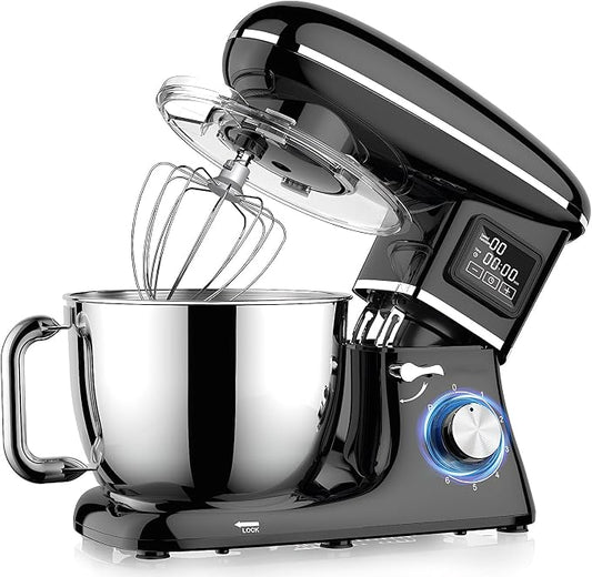 Electric Stand Mixer with LED Display & Timer 6.5QT Bowl Stainless Steel, 1350W 6-Speeds Kitchen Stand Up Mixer for Baking Cakes Cookie Bread Salad Food with Egg Whisk, Dough Hook, Beater