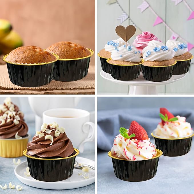 100Pcs Aluminum Cups with Lids,5oz Disposable Ramekin Baking Cups Muffin Liners Mini Pie Pans Foil Cupcake Containers for Christmas Party Wedding,Black Gold