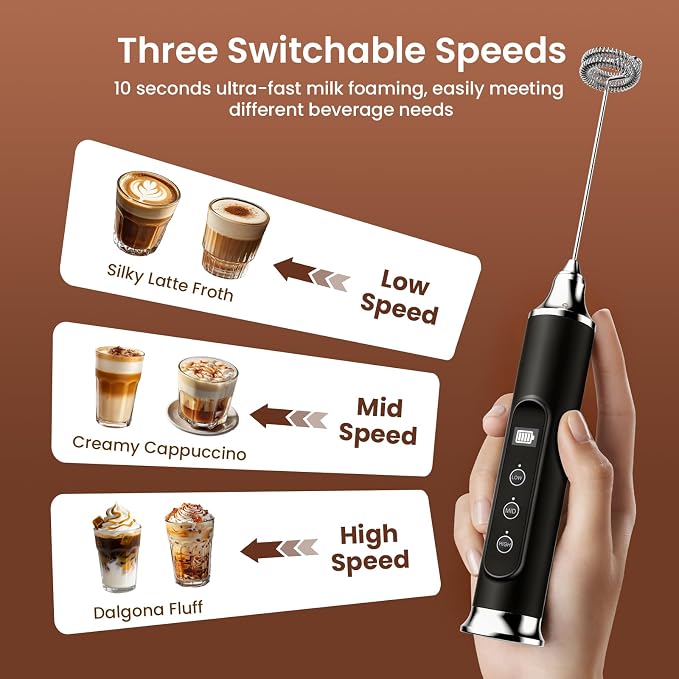 YUSWKO Milk Frother Wand for Coffee with Stand, Coffee Frother Handheld | Rechargeable Drink Mixer Wand, Waterproof Electric Whisk for Protein Powder, Lattes, 3 Variable Speeds 3 Whisks, Black