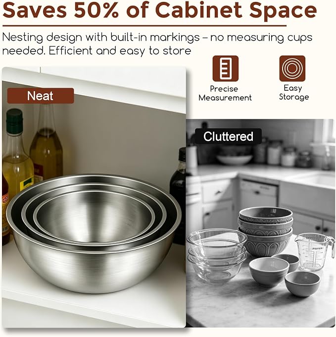Gronivex 304 Stainless Steel Mixing Bowls, 3-Piece (1.5, 2.2 & 3.4 Qt) | Thicker-Gauge, Food-Grade Metal, Stackable Nesting & Space-Saving – For Kitchen Baking, Salads, Meal Prep, RV & Camping