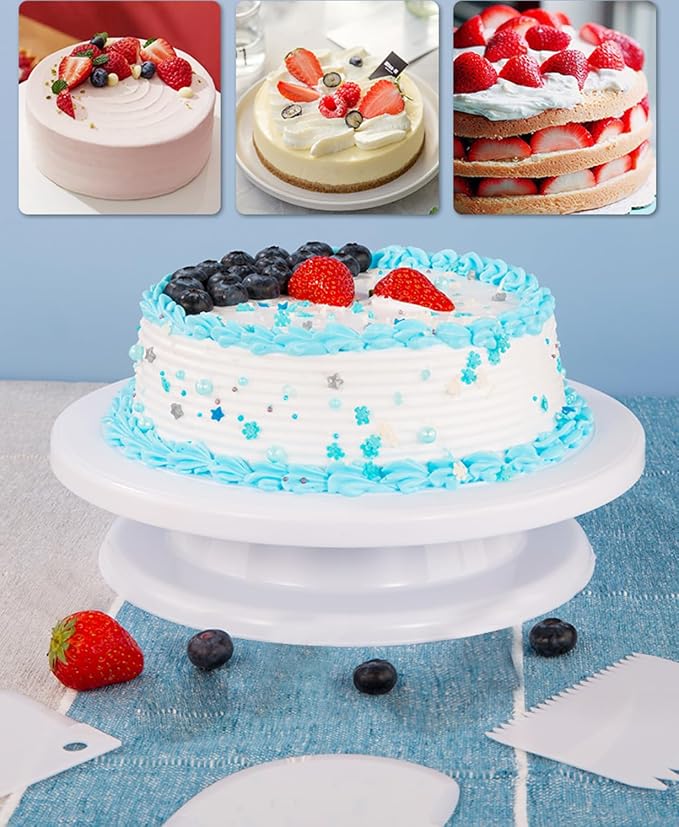 Cake Decorating Kit Baking Supplies Cake Turntable with 2 Frosting Straight Angled Spatula 3 Icing Smoother Scrapers Baking Accessories Tools for Beginners and Pros, White