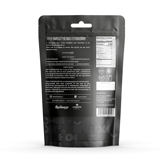 Rey Amargo Stone Ground Mexican Chocolate 50% Cacao, Gluten Free, Dairy Free, 8oz