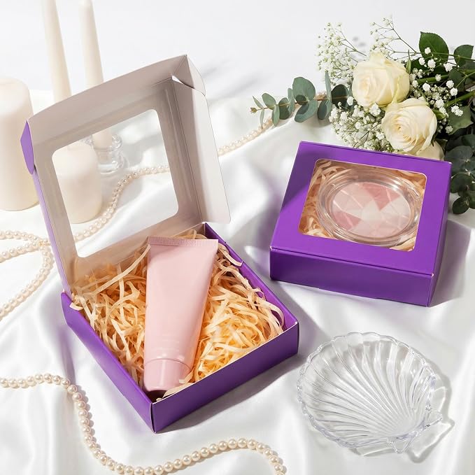 Zonon 30 Pcs Kraft Paper Boxes with Window 4.13 x 4.13 x 1.18 Inch Candy Packaging, Small Gift Boxes, Soap holder, Mini Treat Packaging for Bakery Chocolate Jewelry Display (Purple)