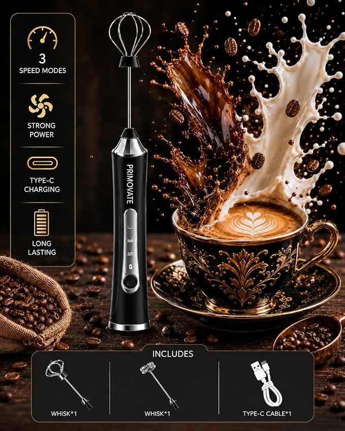 Rechargeable Milk Frother Handheld, Electric Coffee Frother with 2 Whisk, 3-Speed Powerful Drink Mixer, USB-C, Milk Foamer for Coffee,Latte,Cappuccino,Matcha & HotChocolate(Black no Stand)