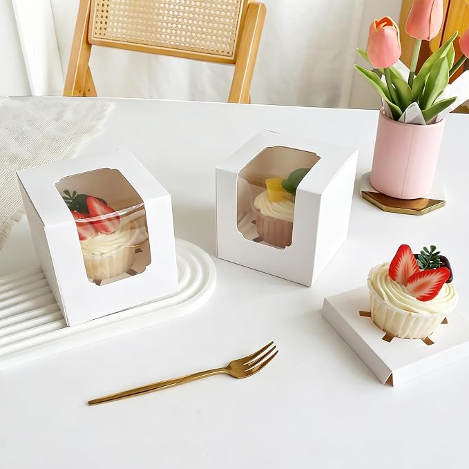 30 Pack Single Individual Cupcake Boxes with Window & Inserts, Auto Pop Up Stackable Food Grade Disposable Muffin Containers 3.5x3.5x3.5 Inch White To Go Bakery Party Favor Gift Boxes