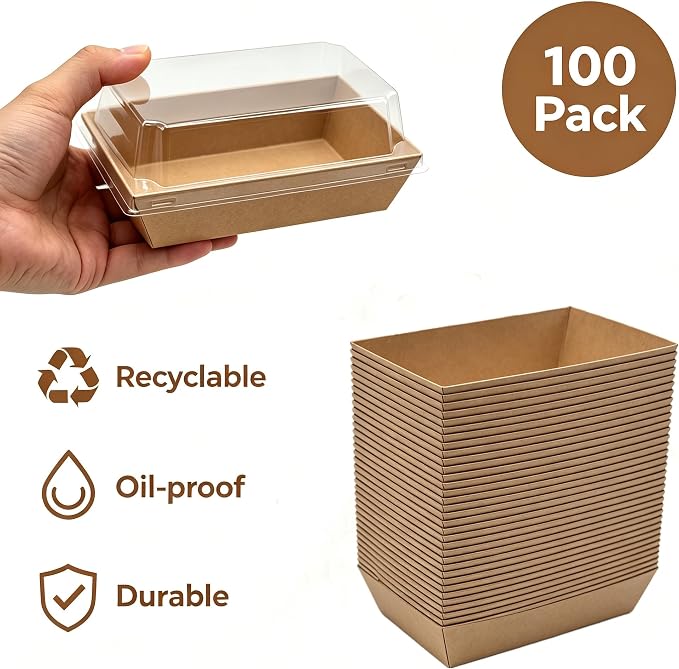 100 Pack Charcuterie Boxes with Clear Lids, Small To Go Food Containers, Disposable Kraft Bakery Treat Boxes for 2 Cupcakes, Cake Slice Sushi Strawberry with Stickers