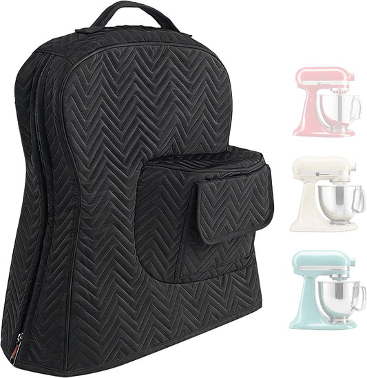 Stand Mixer Cover Compatible with KitchenAid Tilt-Head Mixer, Quilted Dust Cover with Zipper Back & Side Pockets, Protective Storage Bag for Mixer Accessories, Black