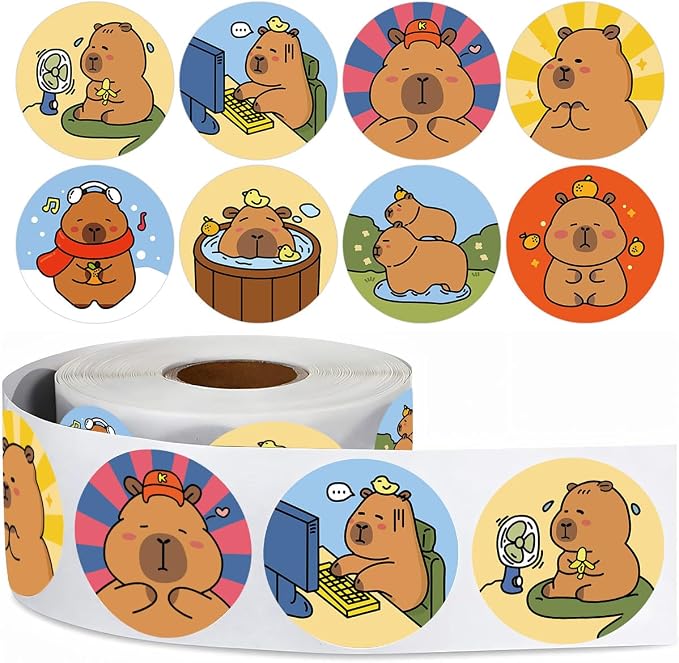 500PCS Capybara Stickers Cute Brown Cartoon Animal Stickers 1 Inch Round Roll for Classroom Prize Party Favors Water Bottle Laptop Luggage Helmet(Capybara)