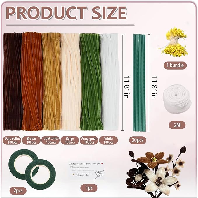 AHAMETON 620Pcs Brown Pipe Cleaner Flower Kit, 6 Colors Bulk Pipe Cleaners Craft Supplies with Wires, Stamens, Ribbon, Tapes, Card, DIY Flower Making for Gifts Party Home Decoration, School Crafts