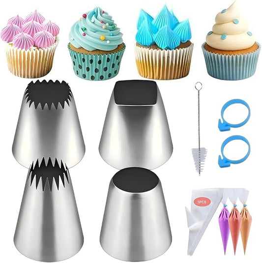 4PCS Extra Large Piping Tips Set, Stainless Steel Jumbo Icing Tips (F02 F06 9FT R22L) Round Star Square Wide for Cake Cupcake Cookie Eclair Churro Meringue