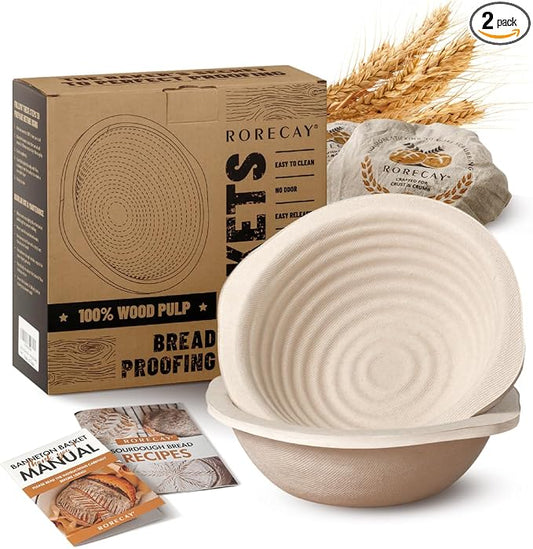 Wood Pulp Banneton Bread Proofing Baskets Set of 2, 7 Inch Round 1.1LB Sourdough Banneton Basket with Liner, Non-Stick Dough Proofing Bowl for Rising and Baking