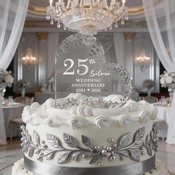 25th Anniversary Cake Topper Acrylic,25 th Anniversary Decorations & Keepsake Gift for Couples（25th Anniversary-Silver Wreath）