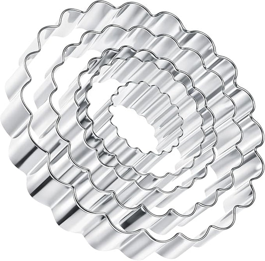 5 Pce Fluted Round Cookie Cutter Set, Circle Shaped Geometric Circle Cookie Cutter for Kitchen Baking, Donut Cutter Ring Scalloped Edge Wavy, Stainless Steel, (1.6", 2", 2.4", 2.8", 3.1")