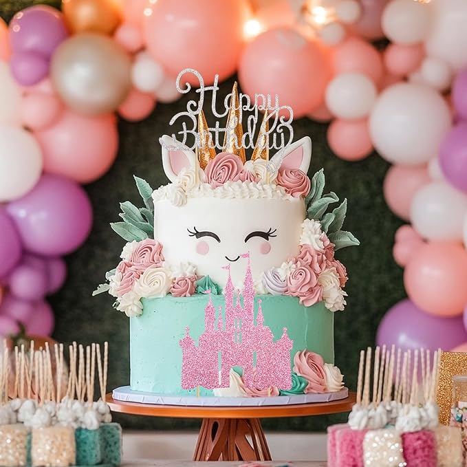 2Pcs Pink Princess Cake Toppers Silver Happy Birthday Cake Decorations Glitter Castle Picks for Girls Princess Birthday New Year Valentine's Day Party Supplies