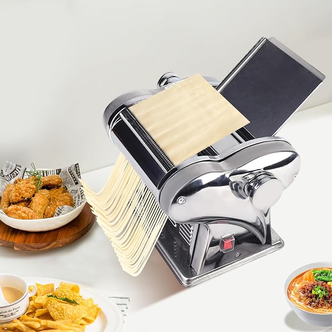 Electric Dough Roller Sheeter, 135w Stainless Steel Automatic Noodle Pasta Maker Machine 6 Thickness Knobs Spaghetti Roller Pressing Machine for Commercial and Homemade Use (110V)