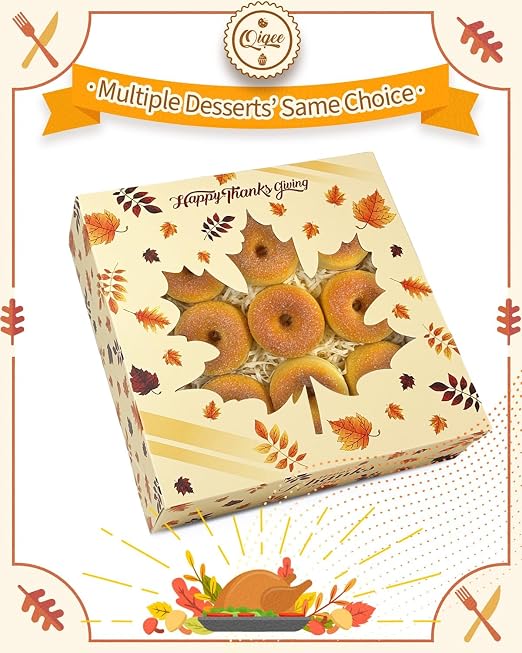 qiqee Thanksgiving Cookie Boxes with Window Autumn Maple Leaf Treat Boxes Bakery Pastry Box Auto-pop up 30pcs 8x8x2.5 Inch For Fall Harvest, Wedding, Thanksgiving Party Supplies