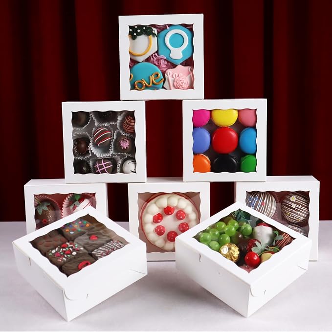 20pcs 6"x6"x2½ White Bakery Boxes with Window Cookie Boxes Small Cake Boxes Macaron Boxes Pie Boxes Truffle Chocolate Boxes