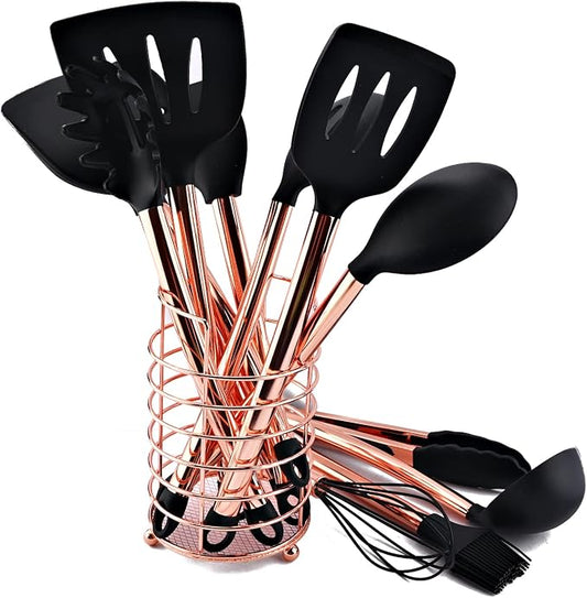 12pcs Copper and Black Cooking Utensils Set with Holder, Silicone Spatulas Set With Rose Gold Stainless Steel Handle, Copper Turner Tongs Kitchen Accessories Cooking Tools