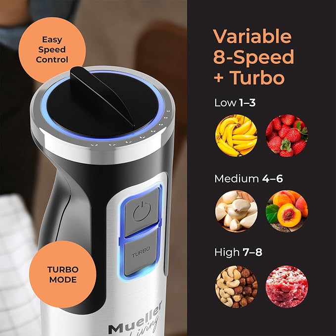 MuellerLiving Immersion Hand Blender Full Set - 8 Speed Immersion Blender, Hand Mixer with 7 Attachments: Stainless Steel Blade, Whisk, Milk Frother, Beater, Mixing Hooks, Potato Masher, Chopper Bowl