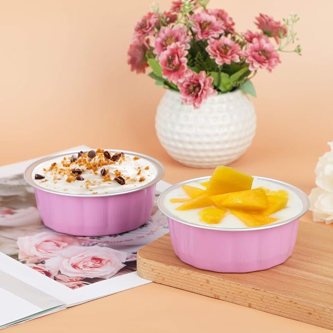Beasea Disposable Ramekins with Lids Pink, 8oz 100 Pack Aluminum Cups for Baking, Aluminum Foil Cups Creme Brulee Muffin Cupcake Baking Cup Mini Pudding Cups for Party Wedding Birthday