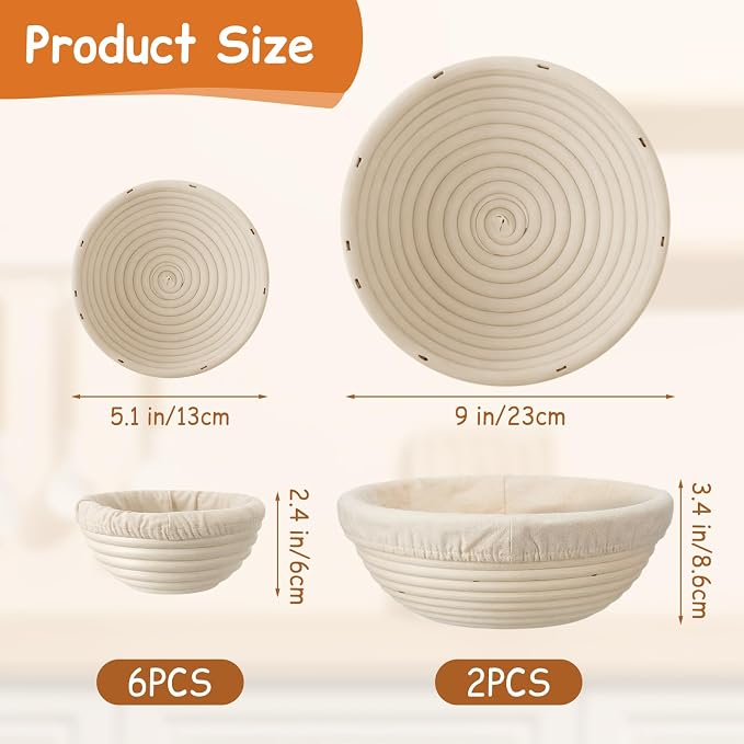 Set of 8 Banneton Bread Proofing Basket with Liner, 5-inch and 9-inch Round Small Mini Bread Proofing Sourdough Bowl, for Sourdough Making, Baking Supplies for Home and Bakery