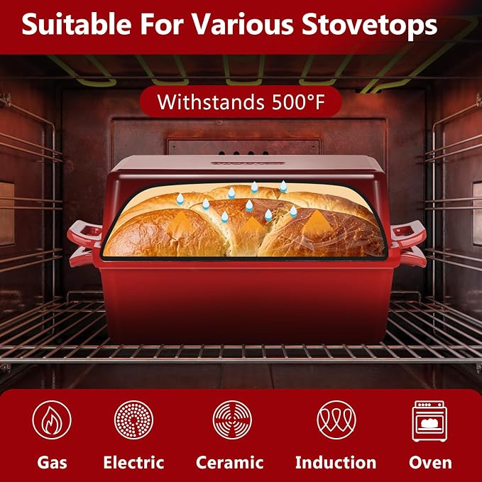 Wildone Enameled Cast Iron Bread Loaf Pan with Lid, 9x5 Sourdough Baking Pans for Homemade Bread, Cake, Meatloaf, Even Heating Bread Pans, 2-Piece Set, Red