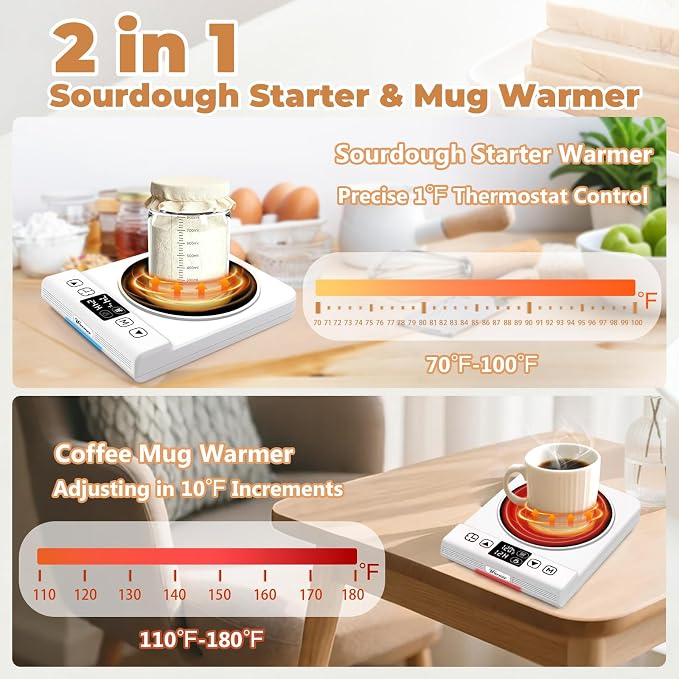 2 in 1 Sourdough Starter Warmer and Coffee Mug Warmer, Upgraded Sour Dough Starter Heating Mat with Precise 1℉ Thermostat (70-100℉) and Cup Warmer (110-180℉) Dual Mode Heater for Bread Baking & Coffee