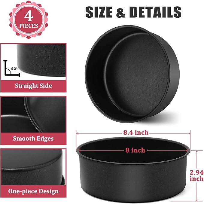 P&P CHEF 8 Inch Cake Pan, Nonstick Round Baking Layer Cake Pans Tins Set for Birthday Wedding, 2.94-Inch Deep Side & One-piece Design, Stainless Steel Core & Easy Clean, Black 4Pcs