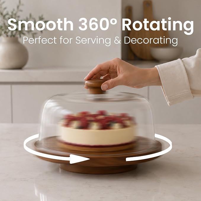 Rotating Acacia Wood Cake Stand with Lid Anti-Mold 12 Inch - 2-in-1 Wooden Charcuterie Board - Covered Dessert Plate with Acrylic Dome - Vintage Pastry Display - Tall Domed Serving Stand Platter - Brown