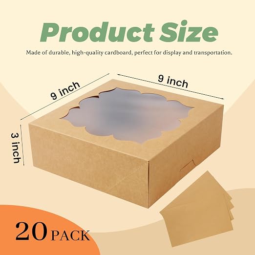 20 Pack Pie Boxes 9x9x3Inch Cake Boxes Bakery Boxes with Window for Pie, Cookies, Donuts, Chocolate Covered Strawberries, Graduation Gifts Party Favors(Brown)