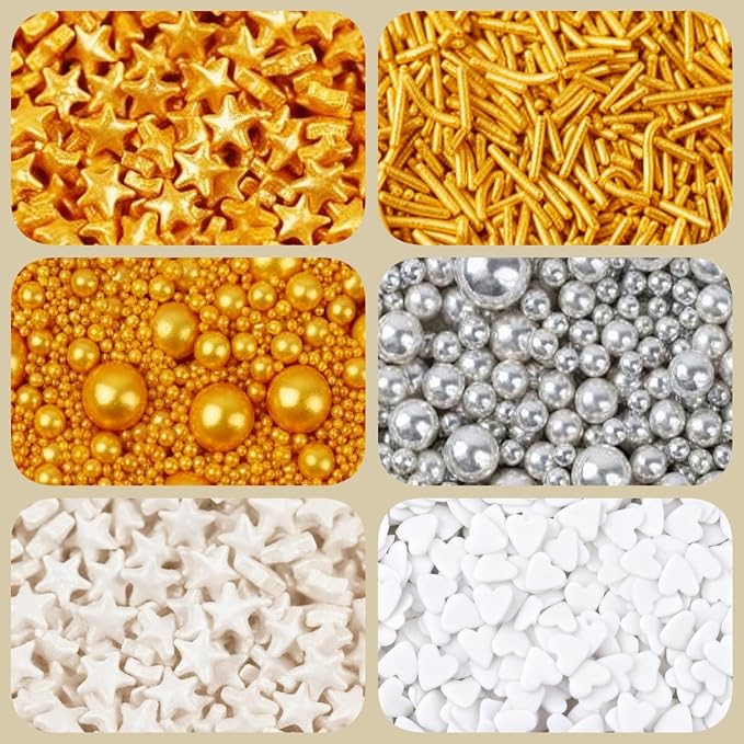 Peelit Gold & Silver Sprinkles Mix (6.7oz) – Edible Metallic Pearls, Stars & Hearts for Cake Decorating – Satisfying Crunch 6-in-1 Jar for Baking, Cookies, Cupcakes – Premium Edible Cake Toppers