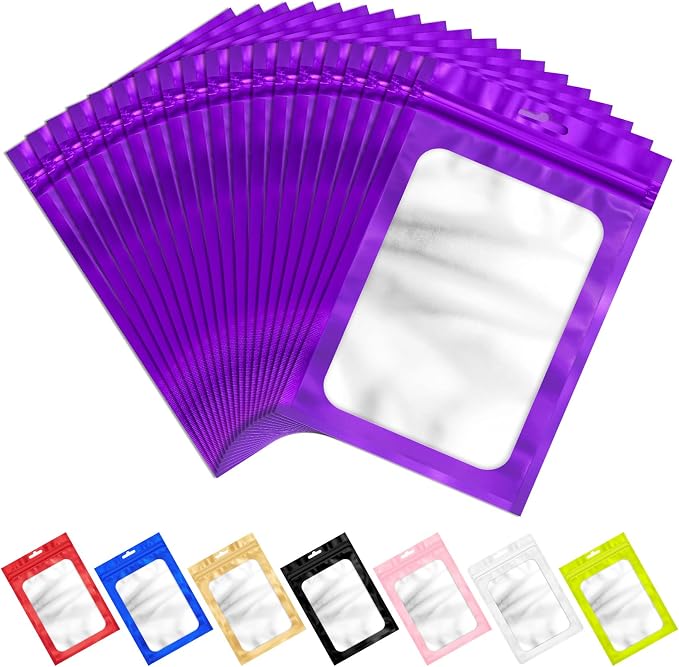 100 PCS Resealable Mylar Bags with Frosted Clear Window Bags Packaging Bag Foil Pouch Zipper Bag for Food Self Sealing Storage Supplies (7.08x10.24, Purple)