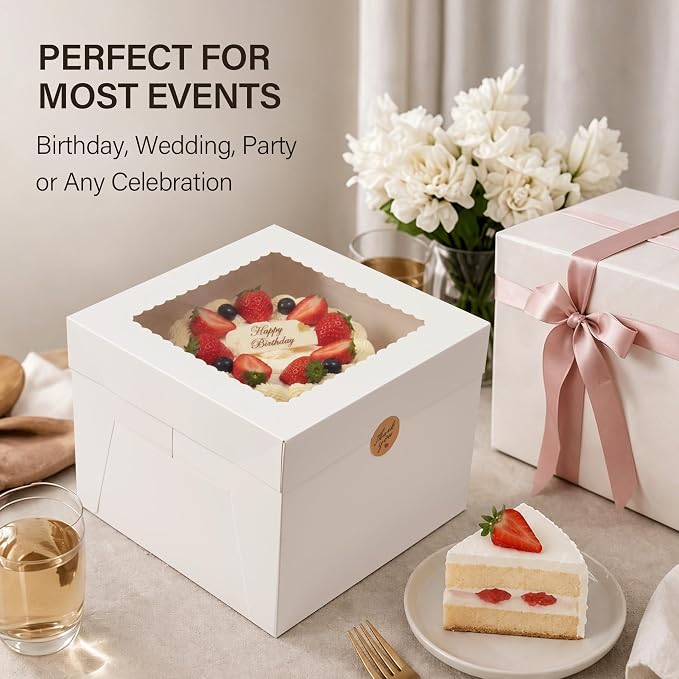 Kootek 4pcs Cake Boxes, 10x10x8 Inches Tall Cake Box with Window, White Bakery Boxes, Large Baking Boxes, Square Cardboard Cake Box for Multi-Layer Cakes, Cake Decorating Supplies for Gift Giving