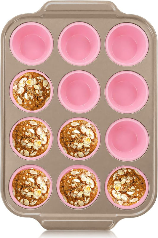 Silicone Muffin Pans for Baking with Metal Frame, 12-Cup Silicone Cupcake Pan, Egg Bite Silicone Mold, Nonstick, BPA Free, Oven & Dishwasher Safe