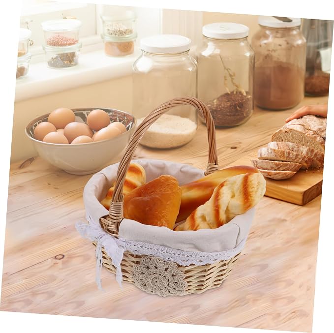 1pcs Hand Woven Rattan Basket Cloth Lining Multipurpose Storage Organizer for Bread Fruits and Picnic Essentials Lightweight Design for Easy Carrying
