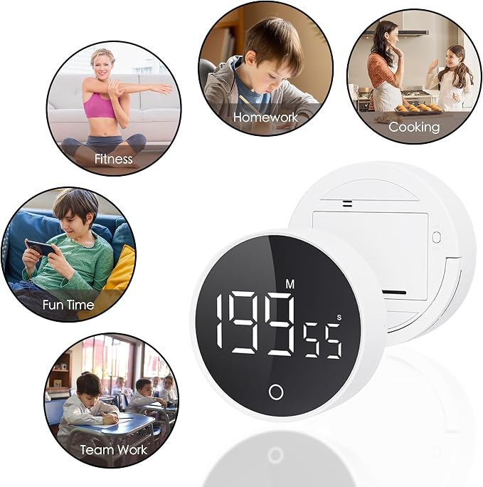 Digital Kitchen Timers, Visual timers Magnetic Countdown Countup Timer Large LED 200 Minutes Display Volume Adjustable for Cooking Fitness Studying, Easy for Kids and Seniors