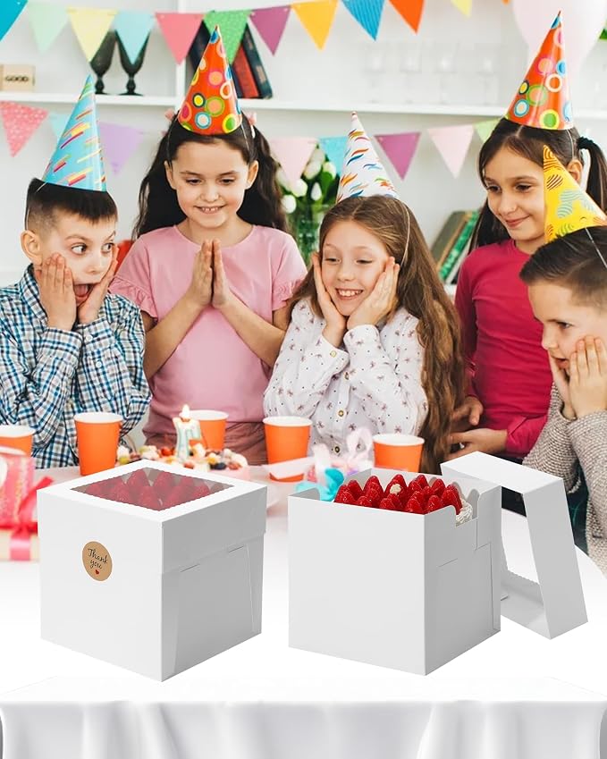 COTOPHER 5Pcs 8x8x8 Inches Cake Boxes, Square Bakery Boxes with Window, Cajas Pasteles for Valentine's Day, Mother's Day,Wedding, Birthday, Party Cake Decorating Supplies for Gift Giving