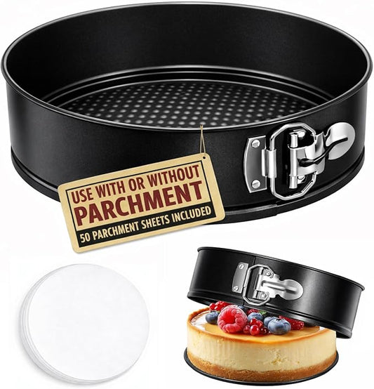 Tellshun 10 Inch Springform Pan Tin With 50Pcs Parchment Paper Nonstick Baking Mold Round Leakproof Removable Bottom Bakeware for Cake Cheesecakes Pie Pizza and Quiches