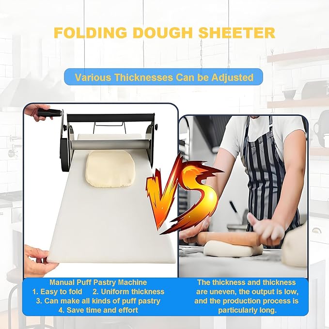 Folding Dough Sheeter with Sheeter Boards, Stainless Steel, Adjustable Thickness, Manual Dough Roller Machine, for Pizza, Croissants, Pastry & Fondant Table Top Design B