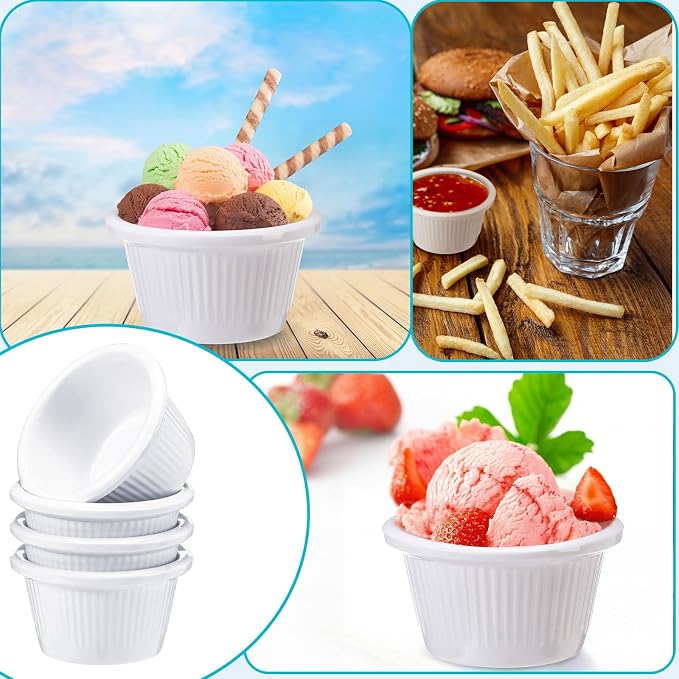 24 Pcs Ramekins 2 oz Ceramic Ice Cream Cups Oven Safe Ramekin Sauce Creme Brulee Fluted Tiny White Melamine Dipping Bowl Custard Condiment Charcuterie Bowls Round Tart Pan for Kitchen