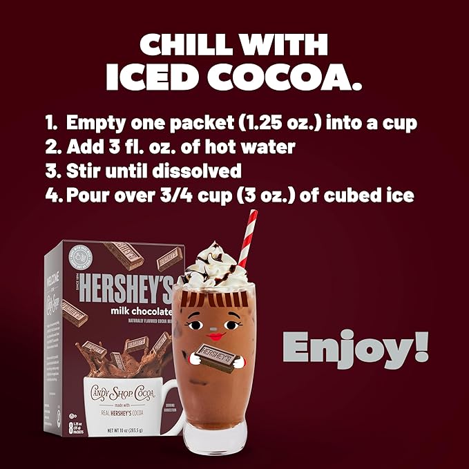 Candy Shop Cocoa HERSHEY’S Milk Iced Cocoa Mix, 1.25oz, 24 Pack | HERSHEY’S milk chocolate cocoa mix with rich, creamy chocolate flavor; just add water for smooth hot or iced drinks anytime